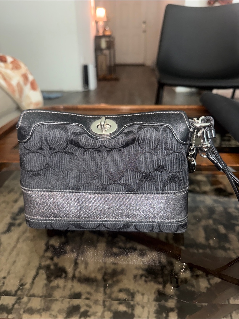 Coach Black Signature Wristlet with Silver Turnlock